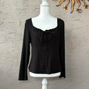 Womens M Black Long Sleeve Tie Front Eyelet Knit Top Blouse
